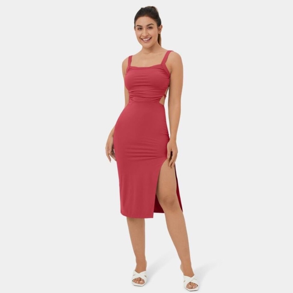 NWOT HALARA Ruched Lace Up Bodycon Midi Casual Dress